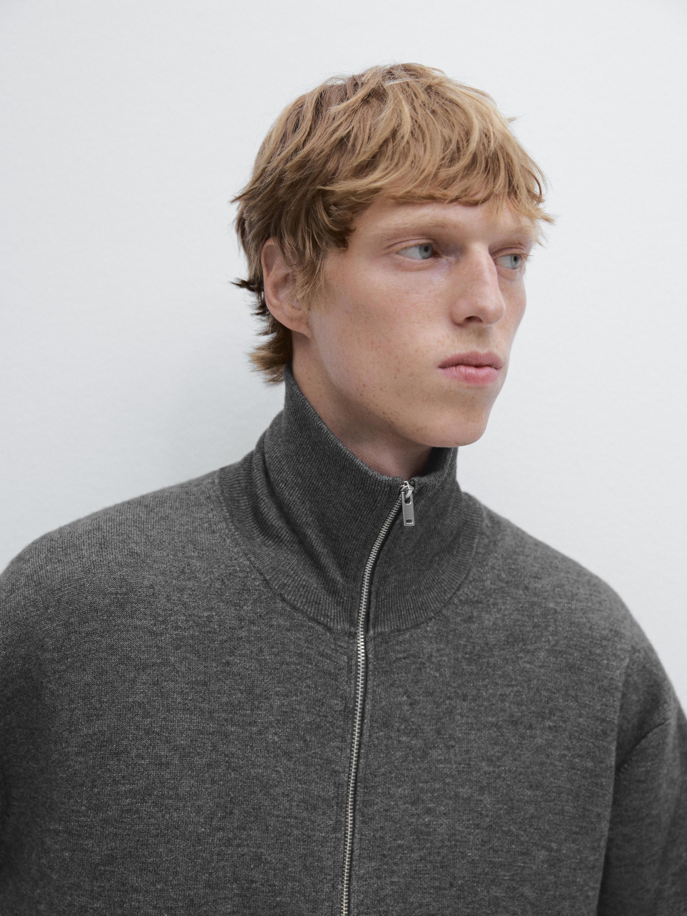 Cotton and wool blend zip-up cardigan